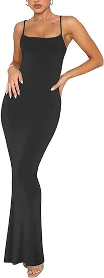 REORIA Women's Sexy Lounge Slip Long Dress Elegant Sleeveless Backless Ribbed Bodycon Maxi Dresses