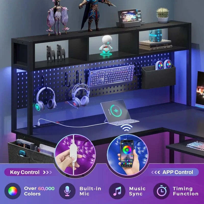 SEDETA L-Shaped Gaming Desk with LED Lights, Power Outlet & Pegboard